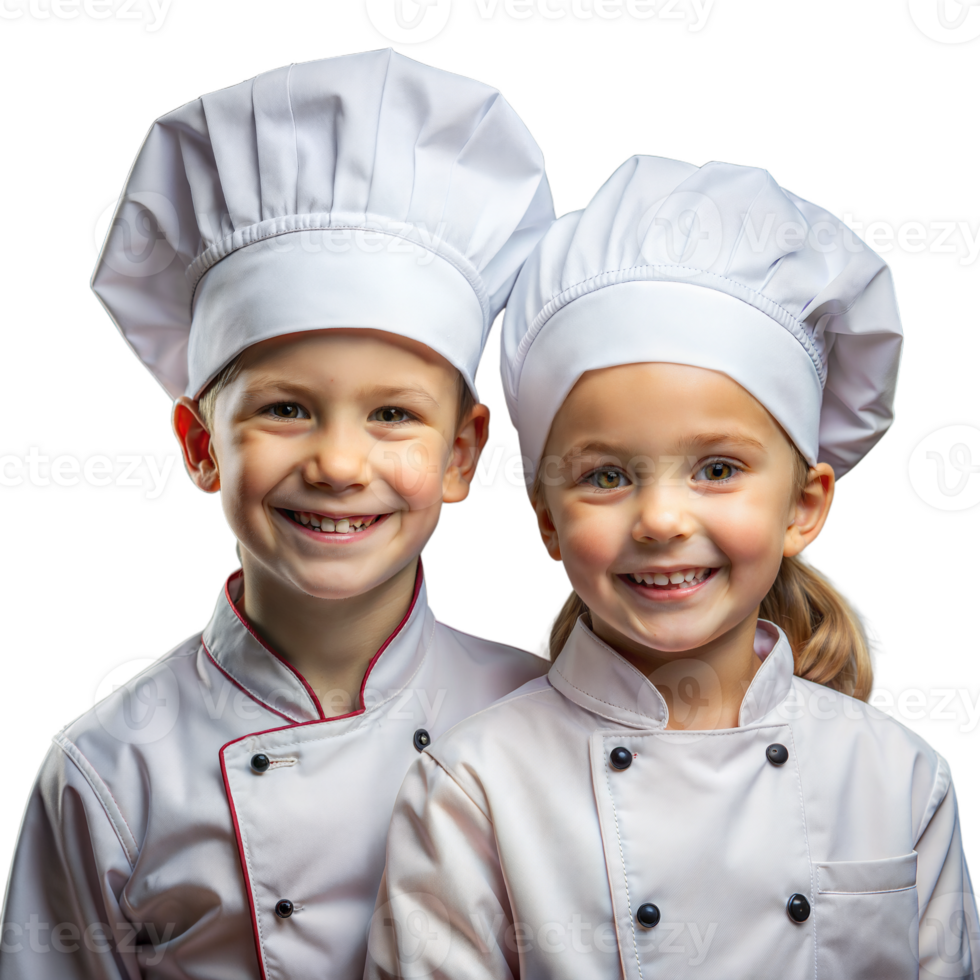 Two Smiling Young Children Dressed as Chefs With White Hats and Uniforms png