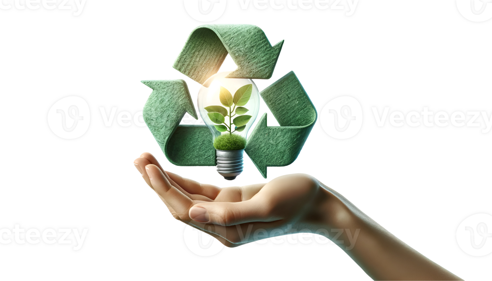 realista mano participación reciclaje símbolo y ligero bulbo con pequeño planta png
