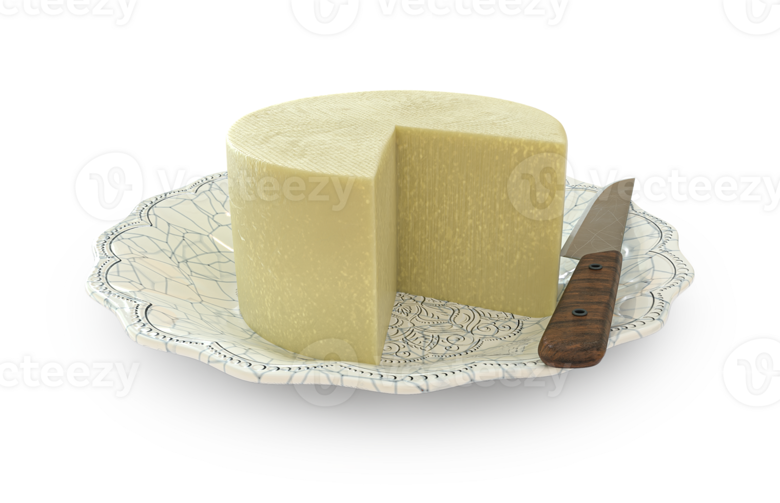 Mines cheese on a plate with a cut slice, and a knife on the side in the backdrop png