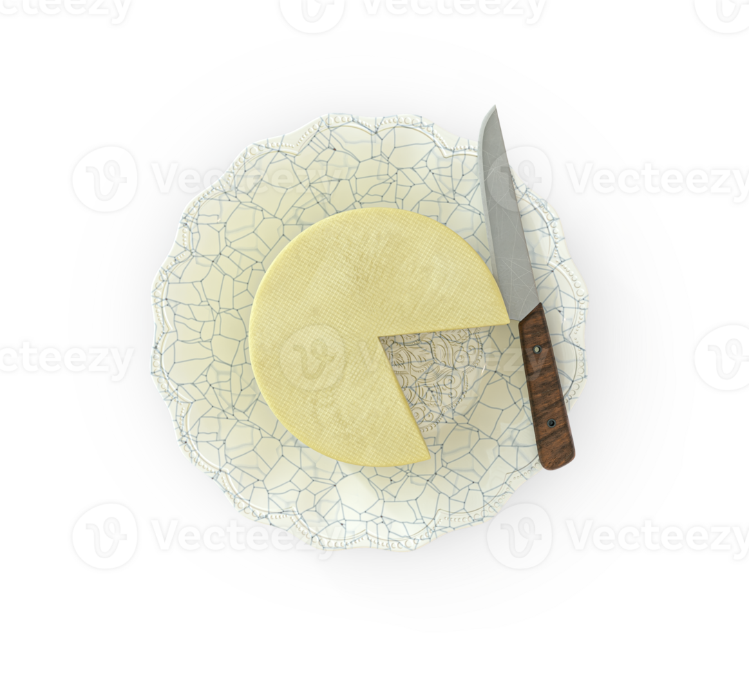 Mines cheese on a plate with a cut slice, and a knife on the side in the backdrop png