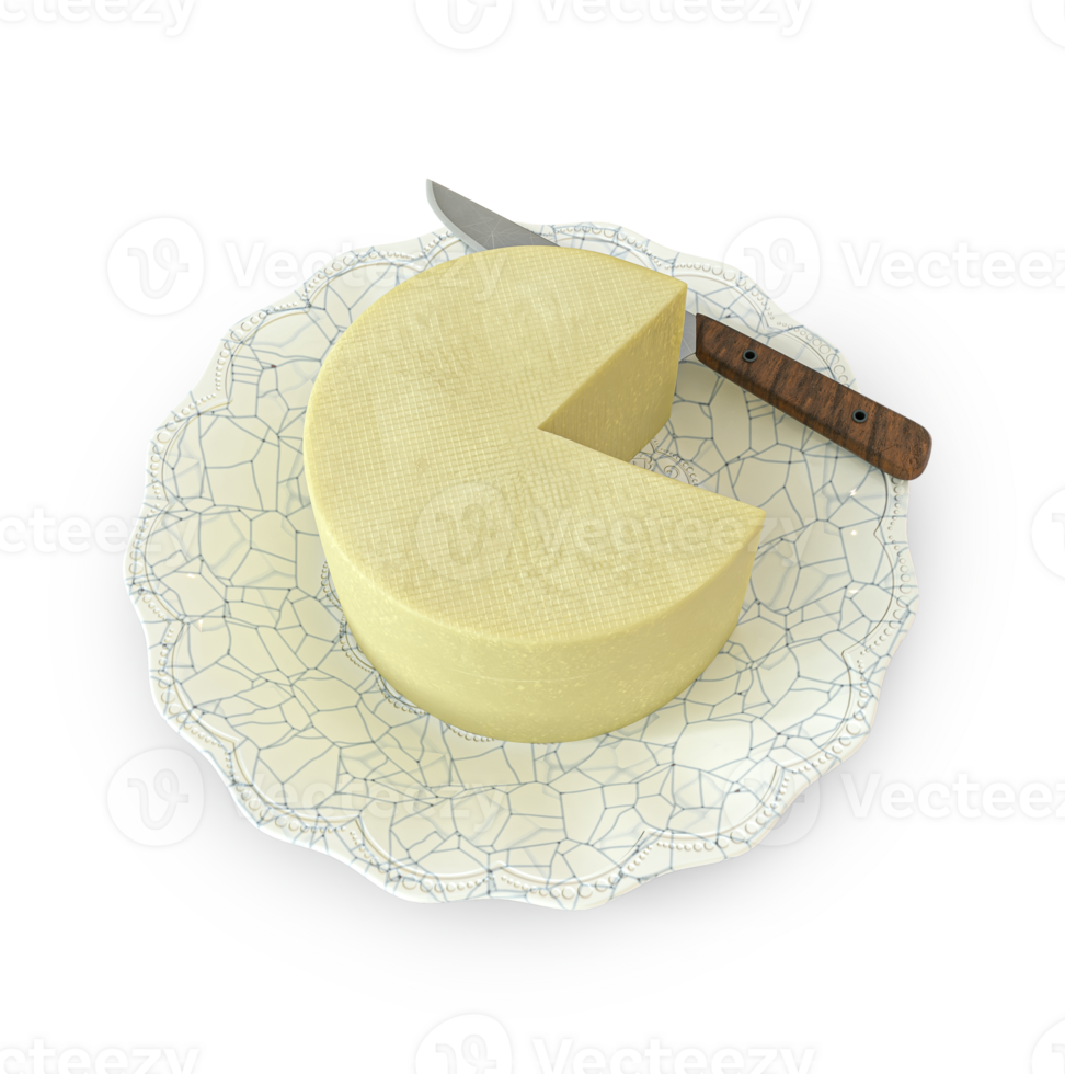 Mines cheese on a plate with a cut slice, and a knife on the side in the backdrop png