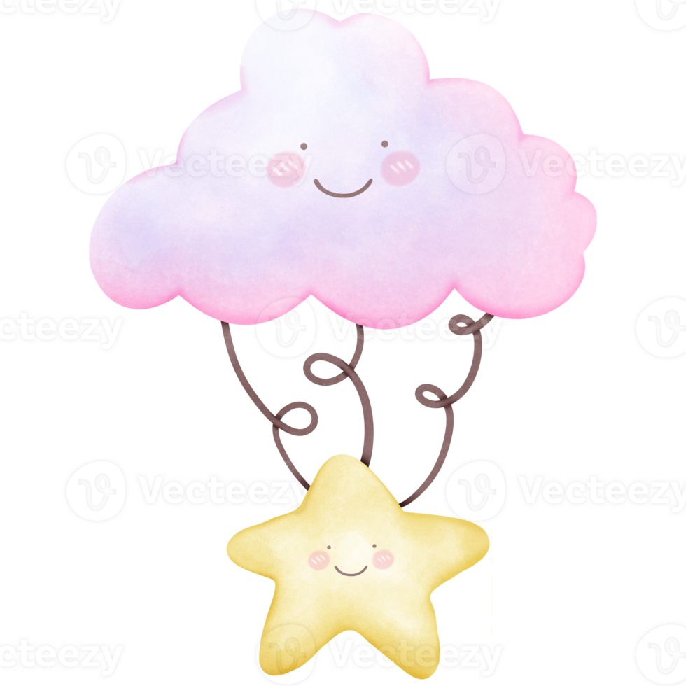 Cute sky watercolor cloud and star on transparent background png