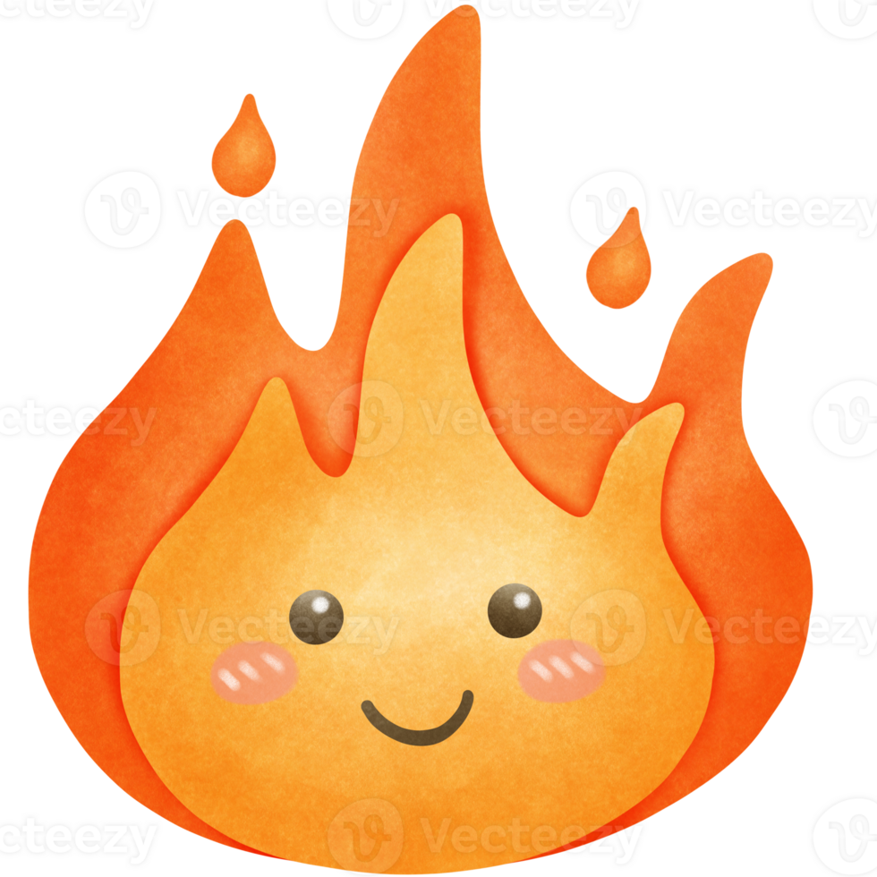 Cute cartoon smile fire watercolor clip art isolated on transparent background png