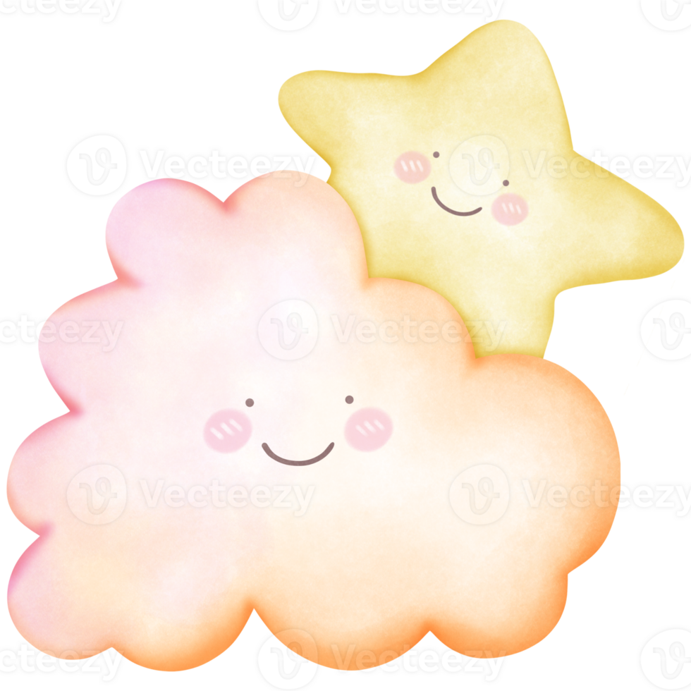 Cute sky watercolor cloud and star on transparent background png
