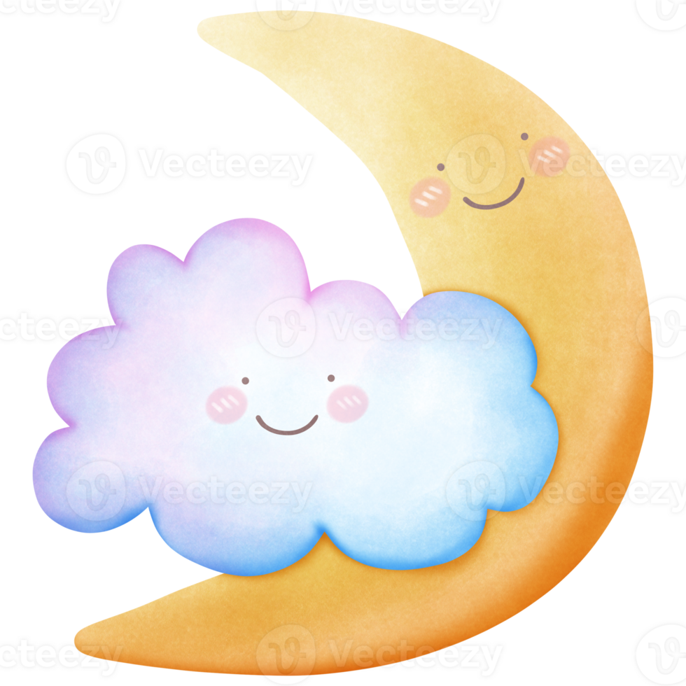 Cute sky watercolor cloud and moon on transparent background png