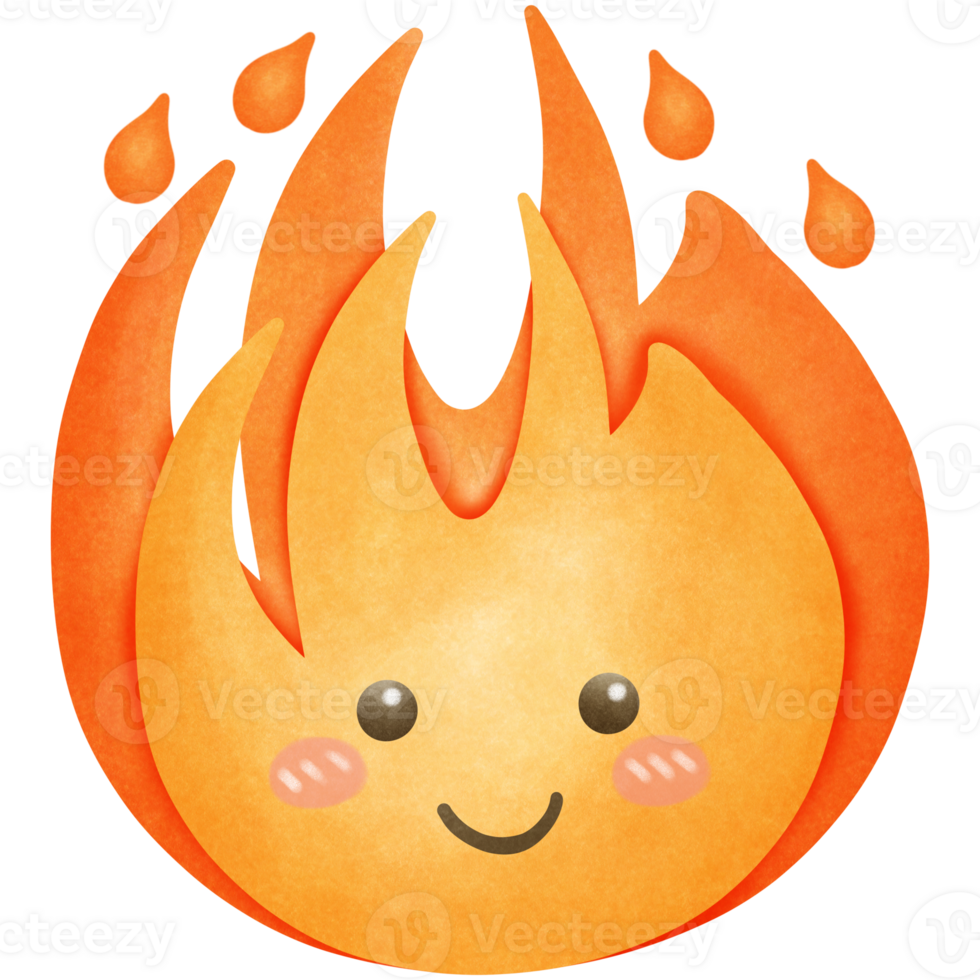 Cute cartoon smile fire watercolor clip art isolated on transparent background png