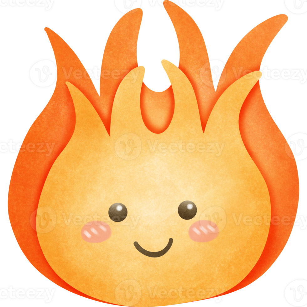 Cute cartoon smile fire watercolor clip art isolated on transparent background png