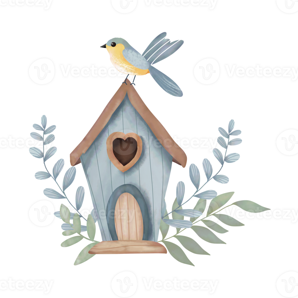 Blue wooden bird house watercolor illustration. png