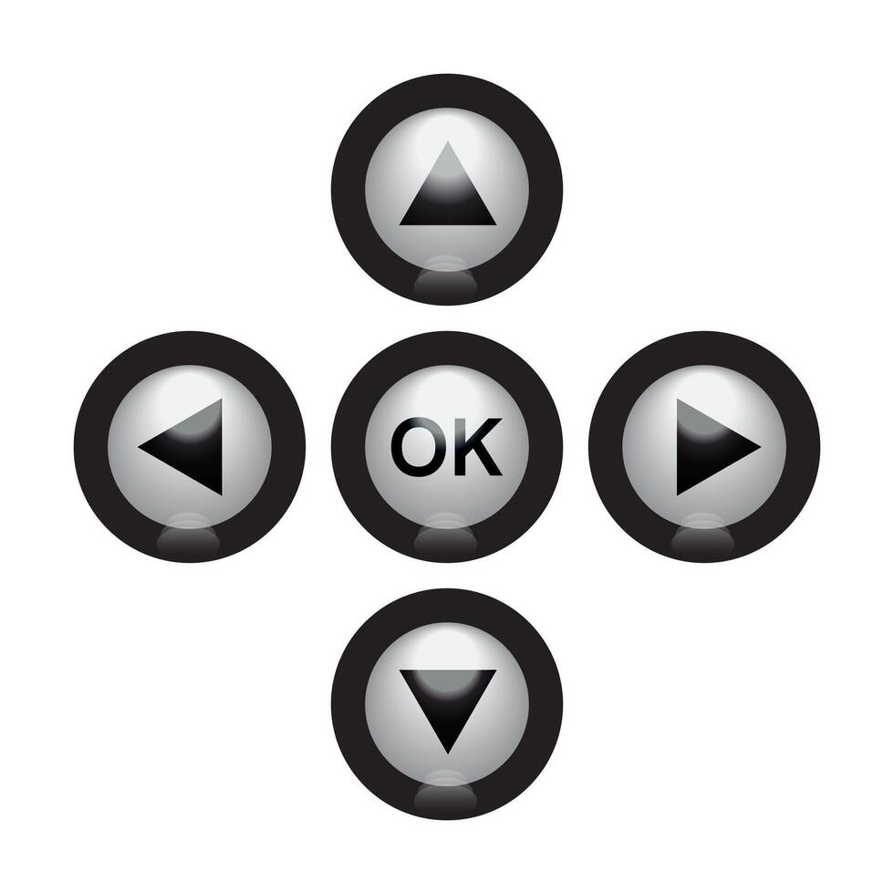3D direction control and ok button icon set on white background. vector