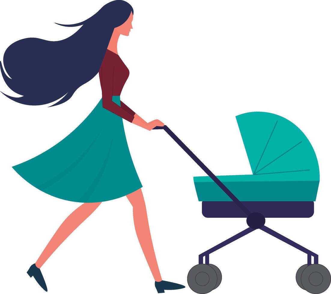 Drawing of a woman with a baby stroller, and a baby walking vector