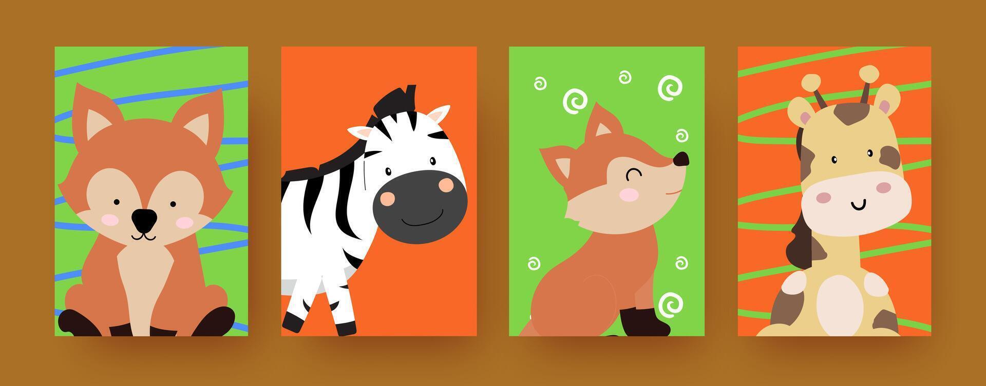 contemporáneo Arte carteles, linda animales colección para para niños habitaciones y libros vector