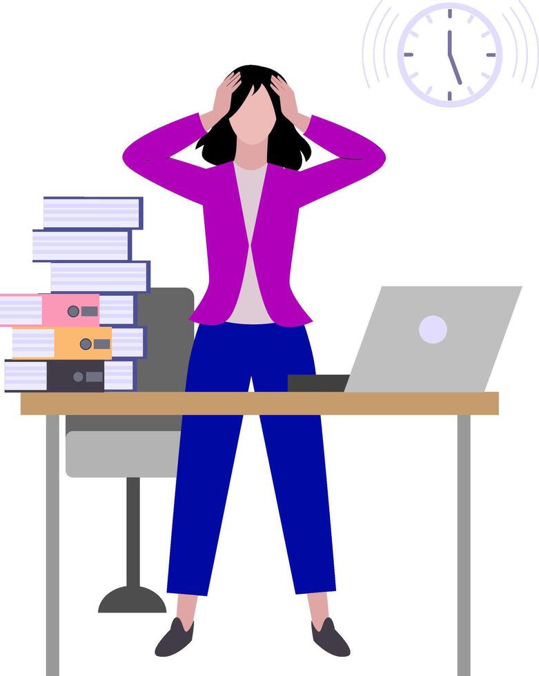 Stressed Girl Working on Deadline Meeting. Time Management - Illustration vector