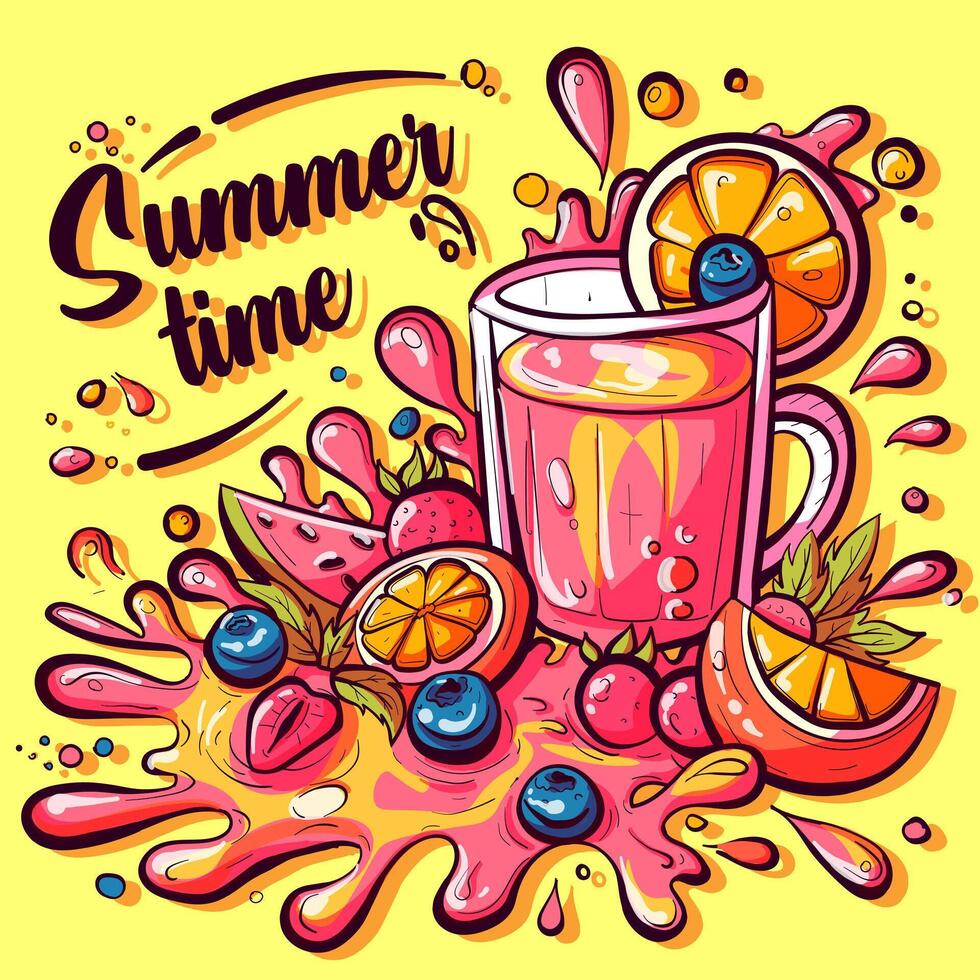 Poster with spilled fruit juice, lemonade and exotic fruits. Citrus fruity splash with lemon slices, blueberries and strawberries with the text summer time vector