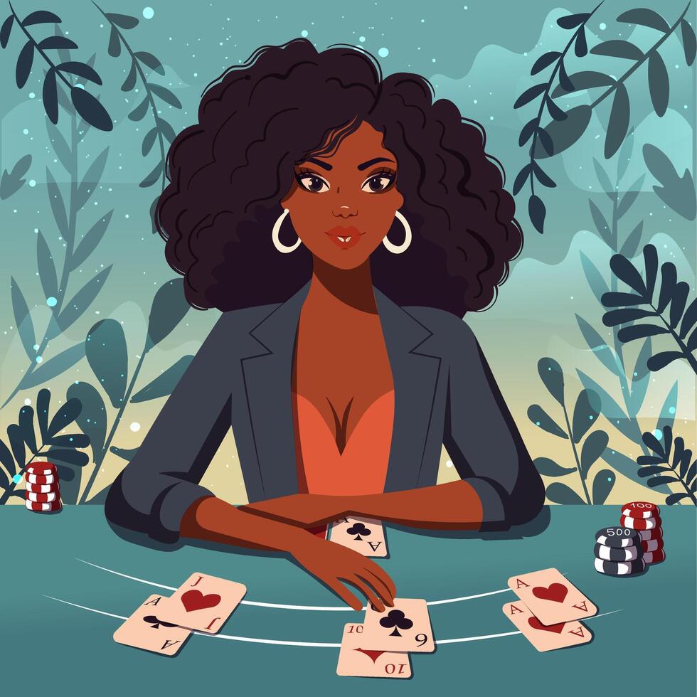 plano ilustración de un hembra veintiuna comerciante relación comercial tarjetas en el mesa. mano dibujado ilustración de un afro americano mujer trabajando a el casino vector