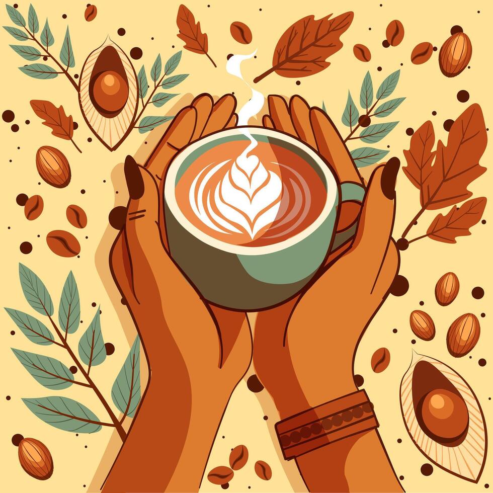 Illustration of two hands holding a cup of coffee with a heart shape made out of cream. Drawing with a hot drink and decorative objects, almonds, leaves and beans vector