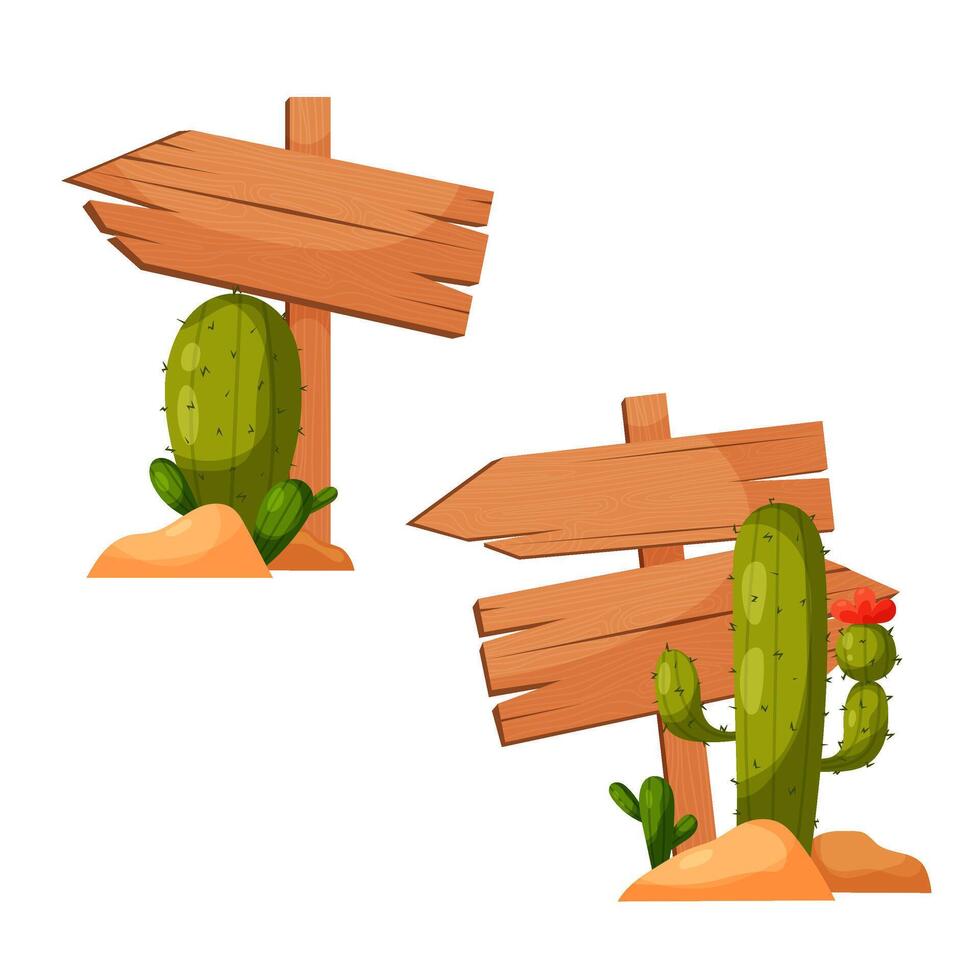 Set of wooden signs in flat style. Template for text. Wooden arrow indicating direction with cactus. Travel, road. vector