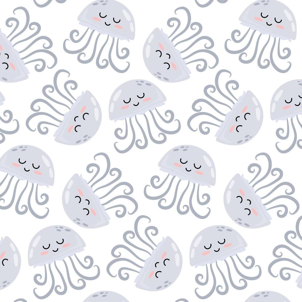 modelo con linda dibujos animados gris Medusa. submarino animal en plano estilo. niños antecedentes. modelo para textil, envase papel, antecedentes. vector