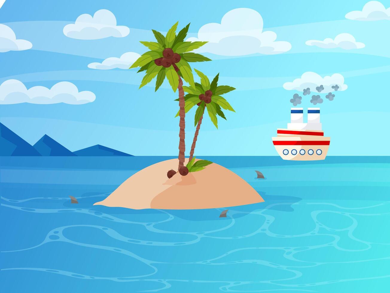 Island in the middle of the ocean in flat style. Summer background. Background with palm trees, island and boat. Cartoon summer background of island in the ocean. vector