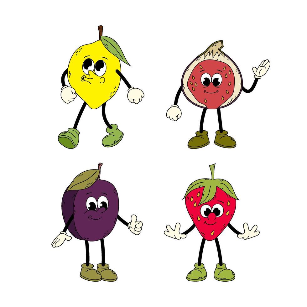 Set of groovy fruits. Cartoon fruits in flat style. Doodle comic illustration. Hand drawn retro vintage trendy style fruits cartoon character lemon, plum, half a fig and strawberry. vector