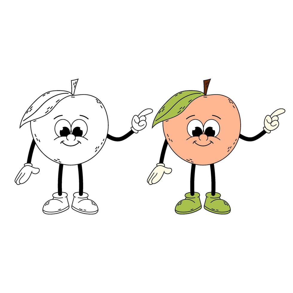 Groovy surfboard character. Peach. Funny cartoon retro character peach in flat and doodle style. vector