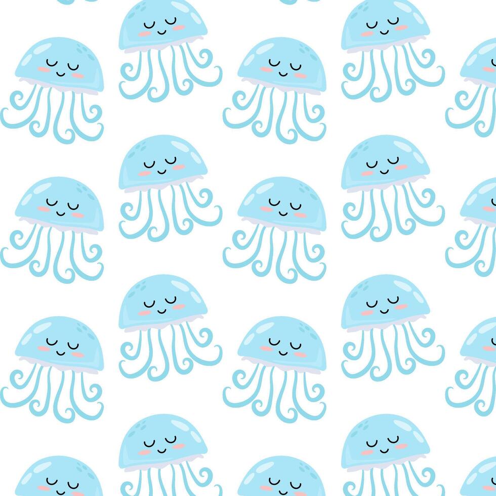 Pattern with cute cartoon blue jellyfish. Underwater animal in flat style. Kids background. Pattern for textile, wrapping paper, background. vector