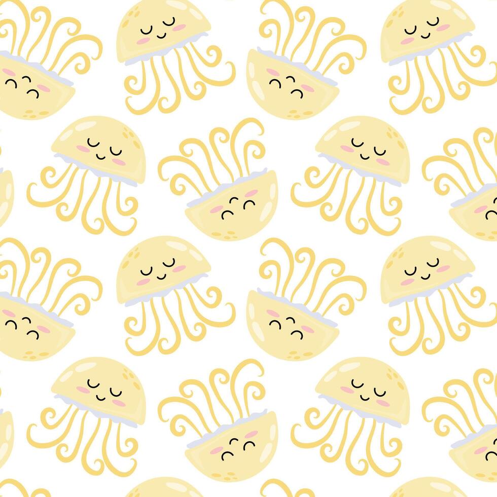 Pattern with cute cartoon yellow jellyfish. Underwater animal in flat style. Kids background. Pattern for textile, wrapping paper, background. vector