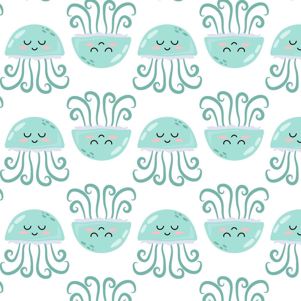 Pattern with cute cartoon green jellyfish. Underwater animal in flat style. Kids illustration of cartoon jellyfish in flat style.Pattern for textile, wrapping paper, background. vector