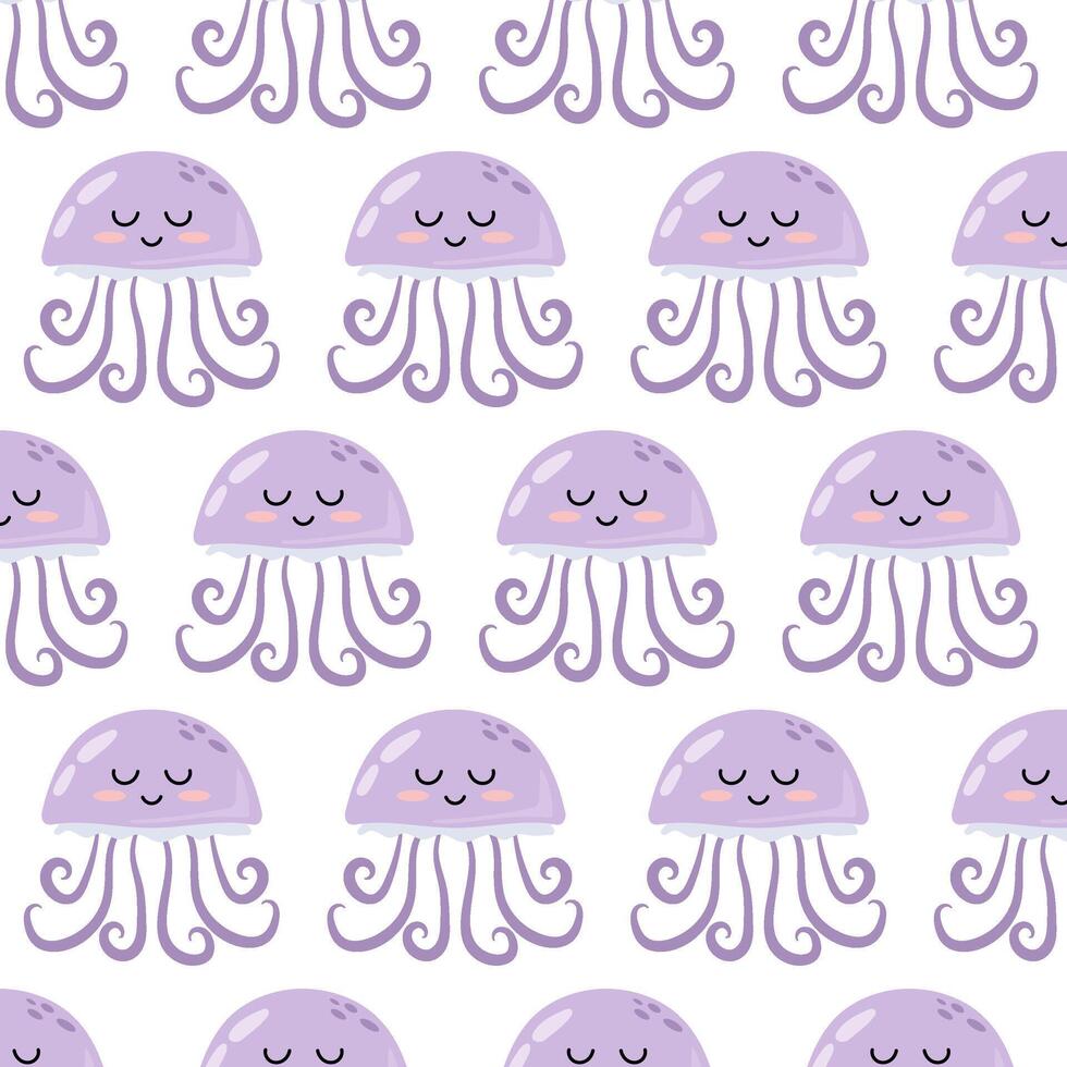 Pattern with cute cartoon purple jellyfish. Underwater animal in flat style. Kids illustration of cartoon jellyfish in flat style. Pattern for textile, wrapping paper, background. vector