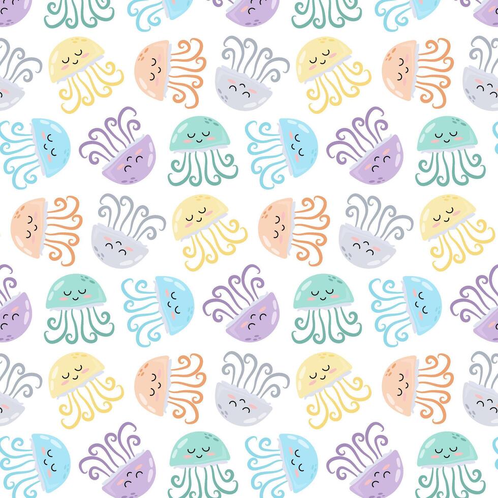 Pattern with cartoon colored jellyfish. Underwater animal in flat style. Kids background. Pattern for textile, wrapping paper, background. vector