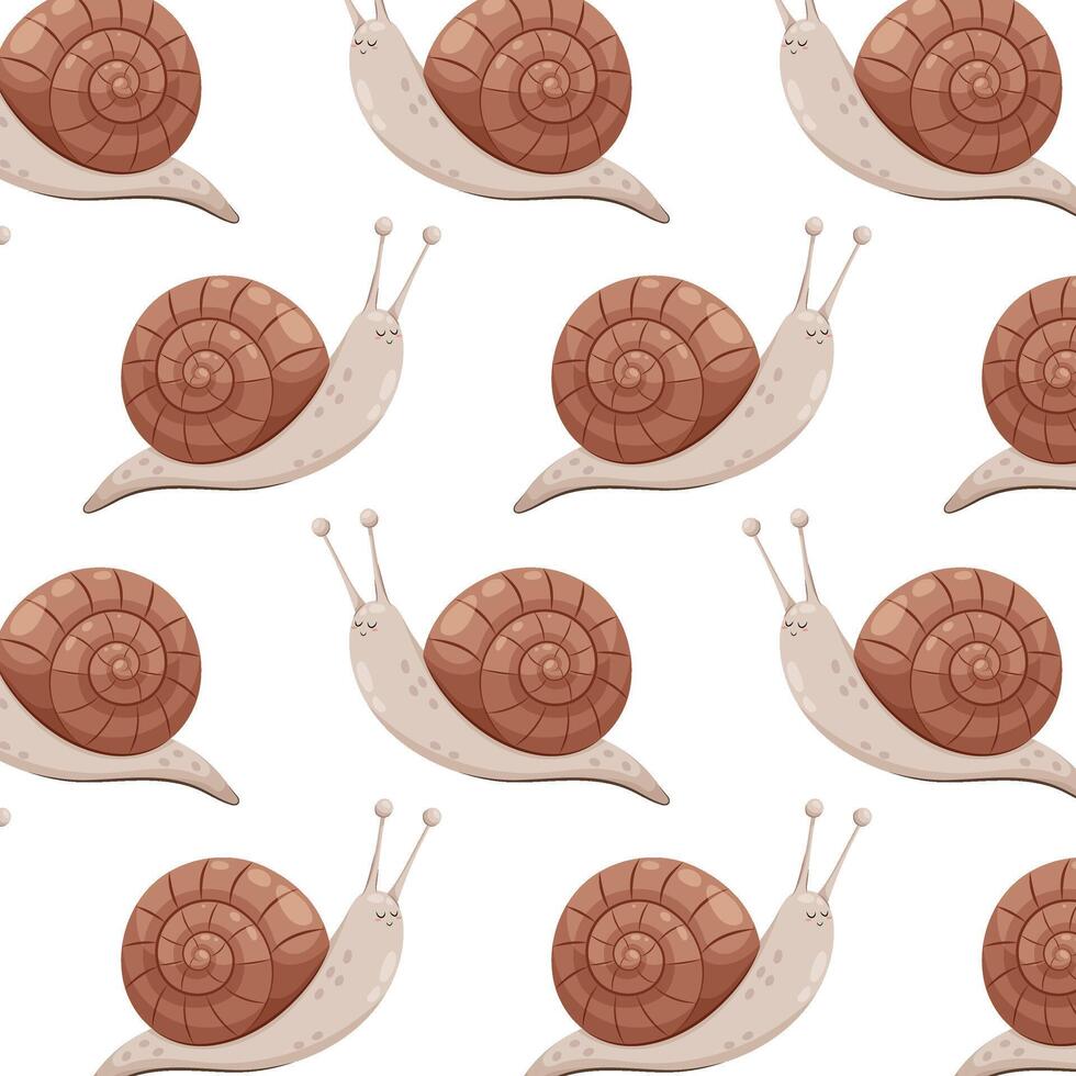 Pattern with cute cartoon snail. Brown garden snail in flat style. Pattern for textile, wrapping paper, background. vector