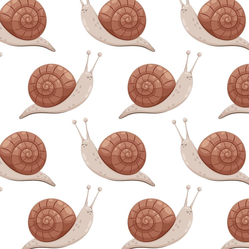 Pattern with cute cartoon snail. Brown garden snail in flat style. Pattern for textile, wrapping paper, background. vector