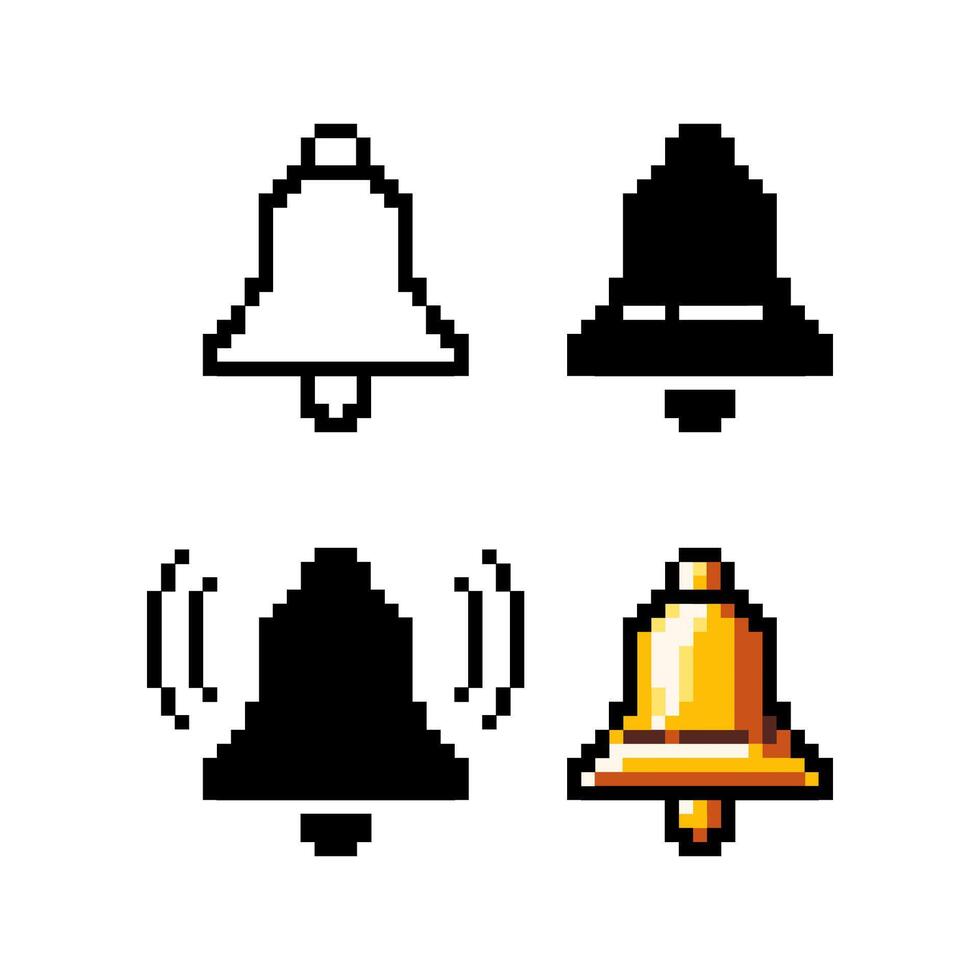 Pixel bell. Set of bell pixel icons. 8 bit bell sign. Arcade game symbol. vector