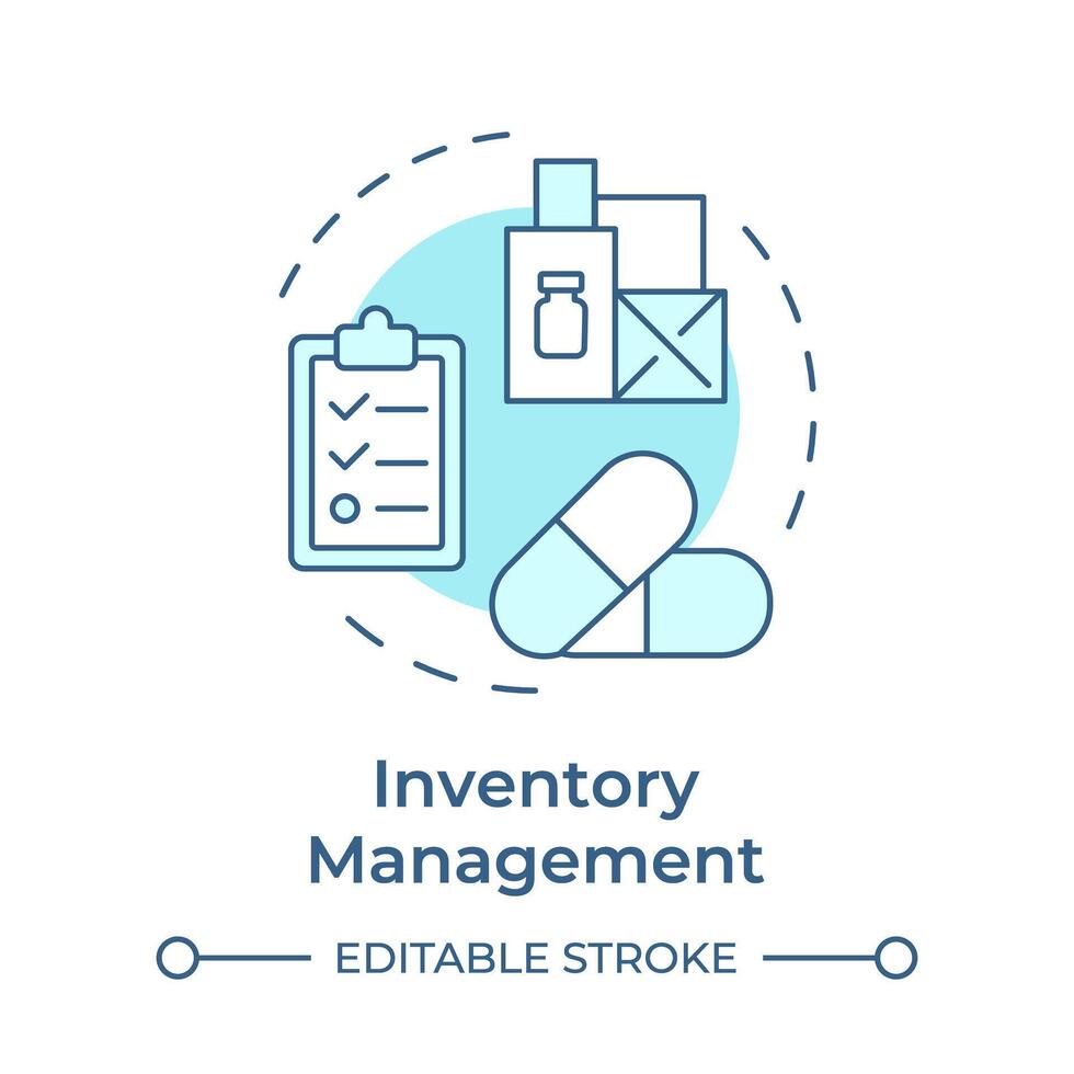 inventario administración suave azul concepto icono. fármaco fabricación, farmacéutico productos redondo forma línea ilustración. resumen idea. gráfico diseño. fácil a utilizar en infografía, artículo vector