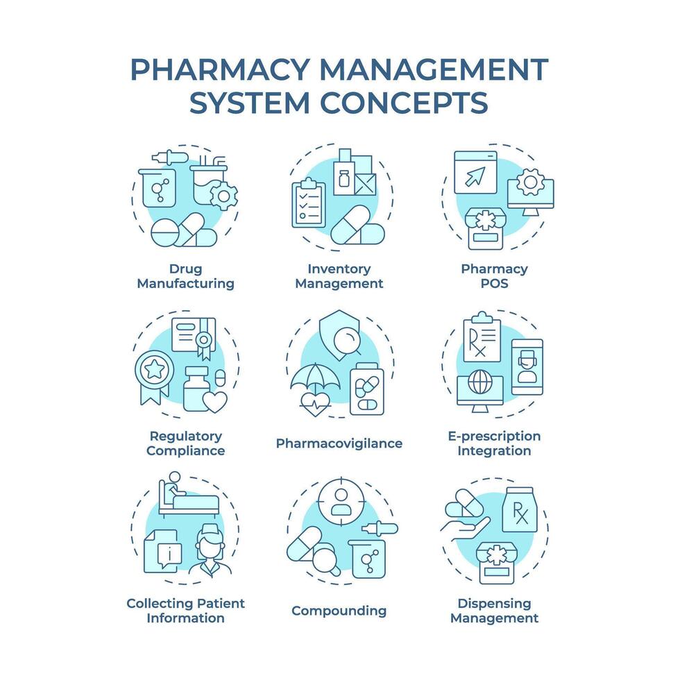 Pharmacy management system soft blue concept icons. Drug manufacturing, pharmacovigilance. Icon pack. Round shape illustrations for infographic, article. Abstract idea vector