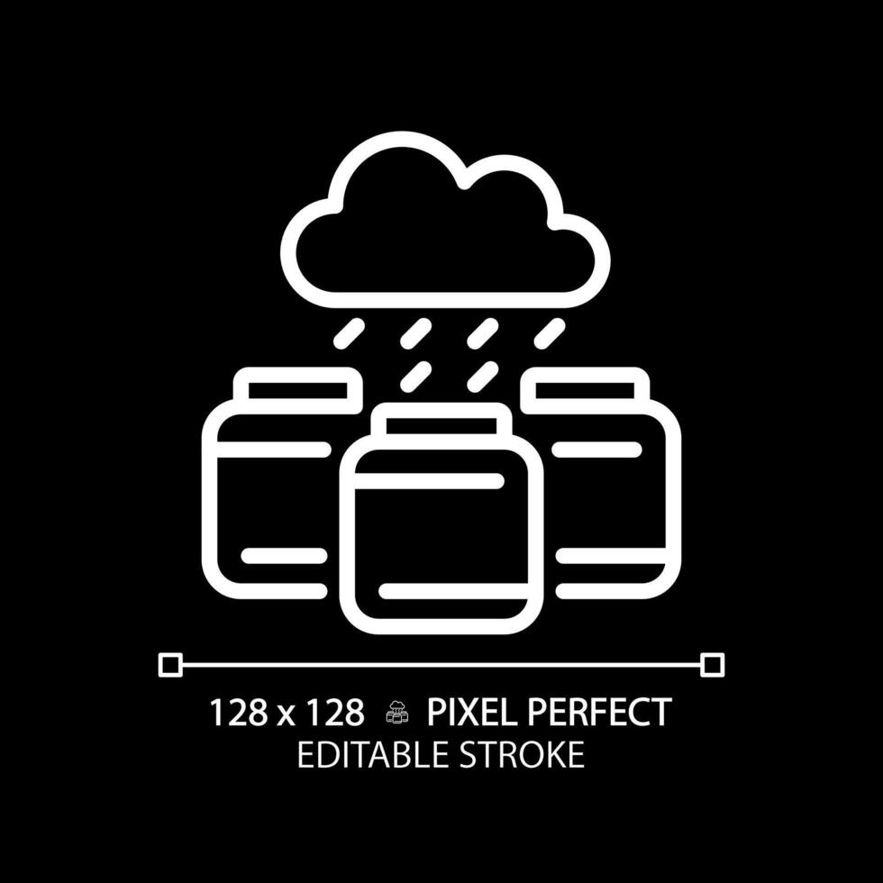 Rainwater harvesting white linear icon for dark theme. Collecting water for reusing. Permaculture principle. Thin line illustration. Isolated symbol for night mode. Editable stroke. Pixel perfect vector
