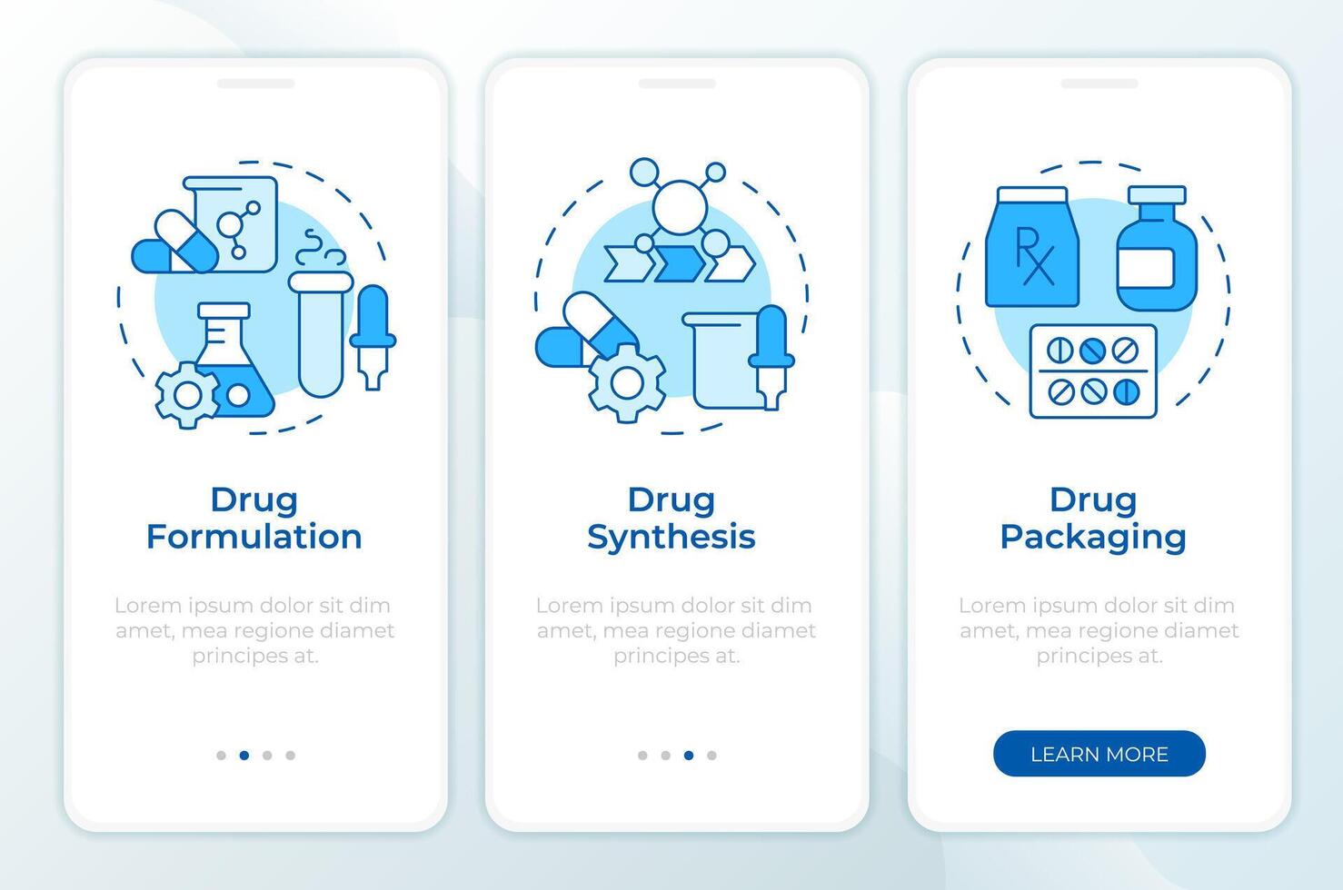 Medical drugs production blue onboarding mobile app screen. Walkthrough 3 steps editable graphic instructions with linear concepts. UI, UX, GUI template vector