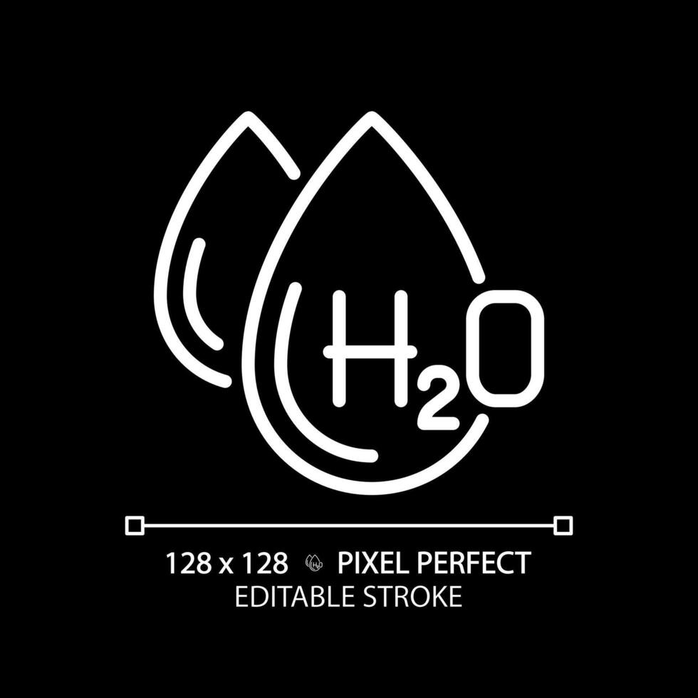 H2O white linear icon for dark theme. Chemical formula of water. Scientific symbol. Water composition. Thin line illustration. Isolated symbol for night mode. Editable stroke. Pixel perfect vector