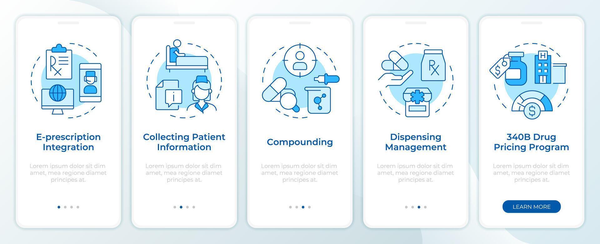 Pharmacy management blue onboarding mobile app screen. Walkthrough 5 steps editable graphic instructions with linear concepts. UI, UX, GUI template vector