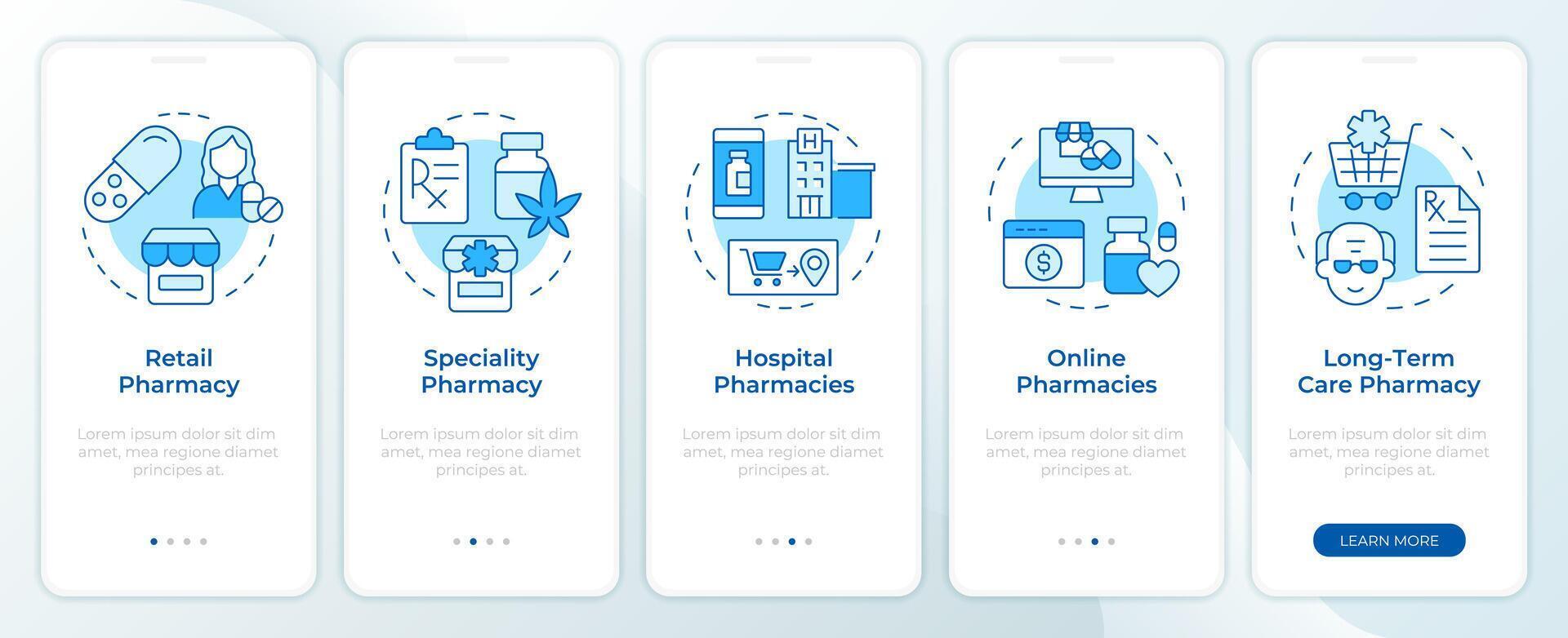 Pharmacy supply blue onboarding mobile app screen. Walkthrough 5 steps editable graphic instructions with linear concepts. UI, UX, GUI template vector