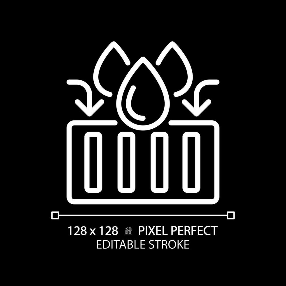 Stormwater runoff white linear icon for dark theme. Urban water management. Flood control. Storm sewer system. Thin line illustration. Isolated symbol for night mode. Editable stroke. Pixel perfect vector