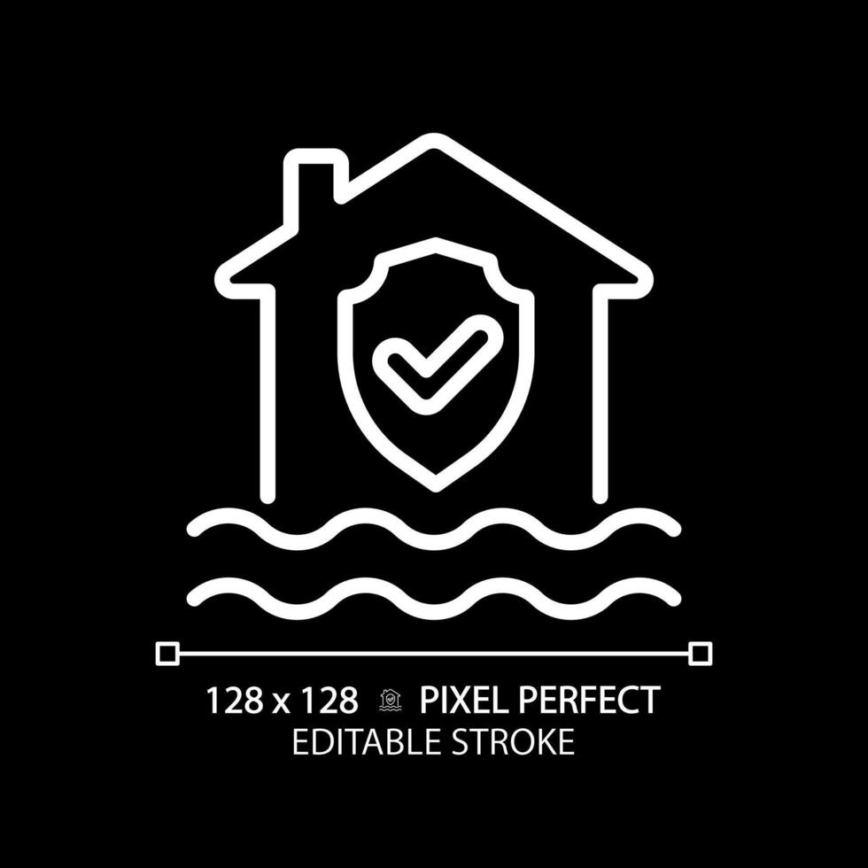Flood protection white linear icon for dark theme. House with checkmark above water. Water damage prevention. Thin line illustration. Isolated symbol for night mode. Editable stroke. Pixel perfect vector