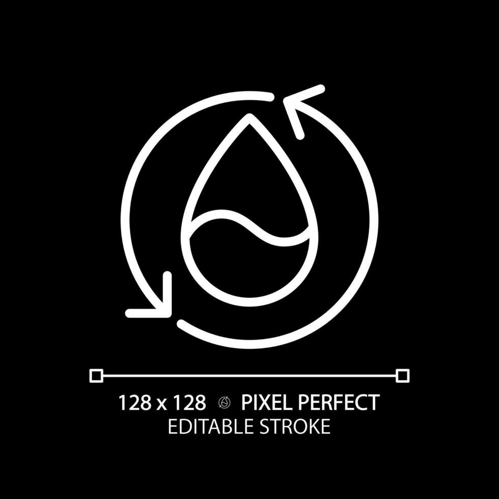 Reusing water white linear icon for dark theme. Water management. Reclaimed water. Renewable resource. Thin line illustration. Isolated symbol for night mode. Editable stroke. Pixel perfect vector