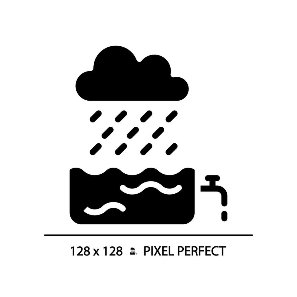 Rain water black glyph icon. Water collection and conservation. Sustainable living. Harvesting rainwater. Silhouette symbol on white space. Solid pictogram. Isolated illustration. Pixel perfect vector