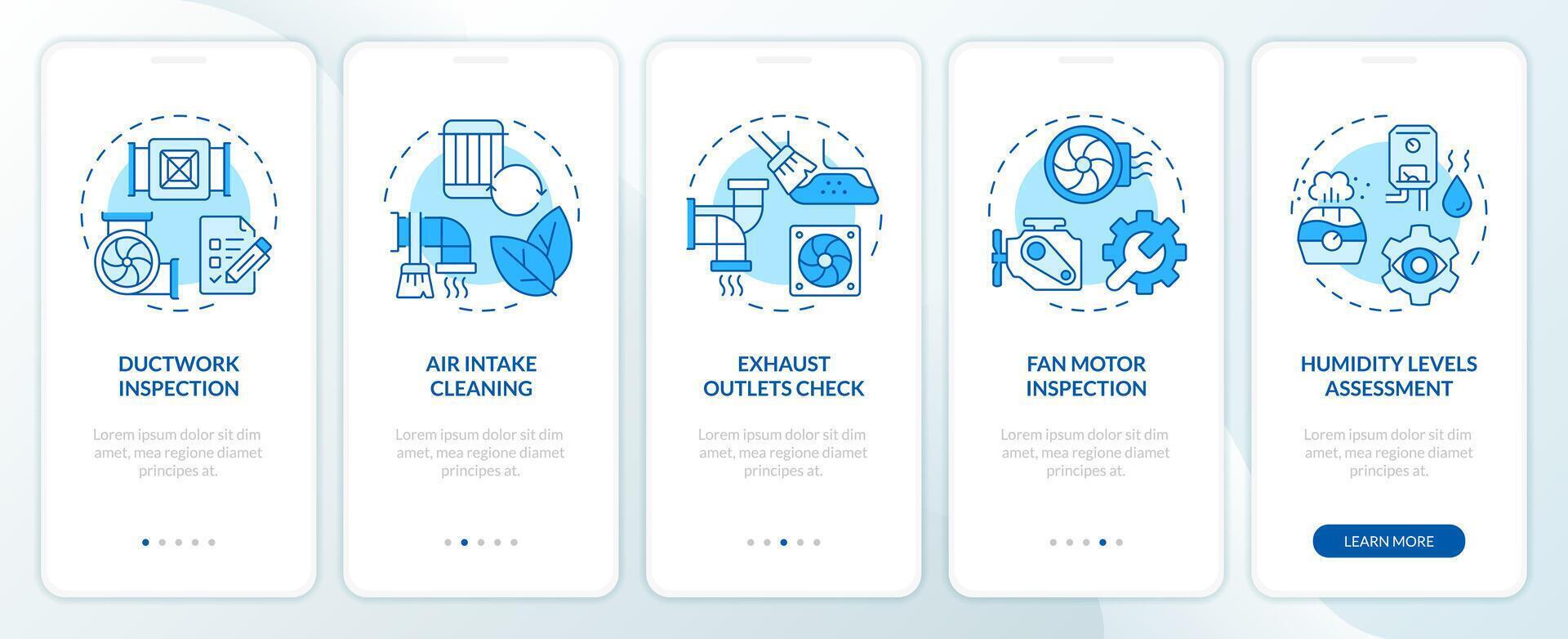 Ventilation inspection blue onboarding mobile app screen. HVAC walkthrough 5 steps editable graphic instructions with linear concepts. UI, UX, GUI template vector