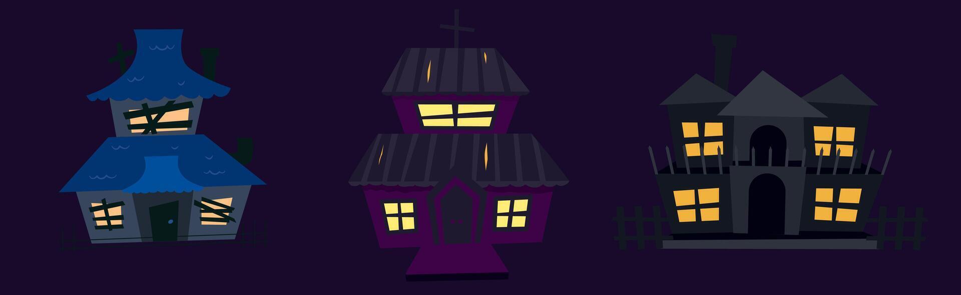 Creepy haunted house set for halloween. A scary castle with windows and a roof. Old dark ruined building for ghosts. Flat illustration vector
