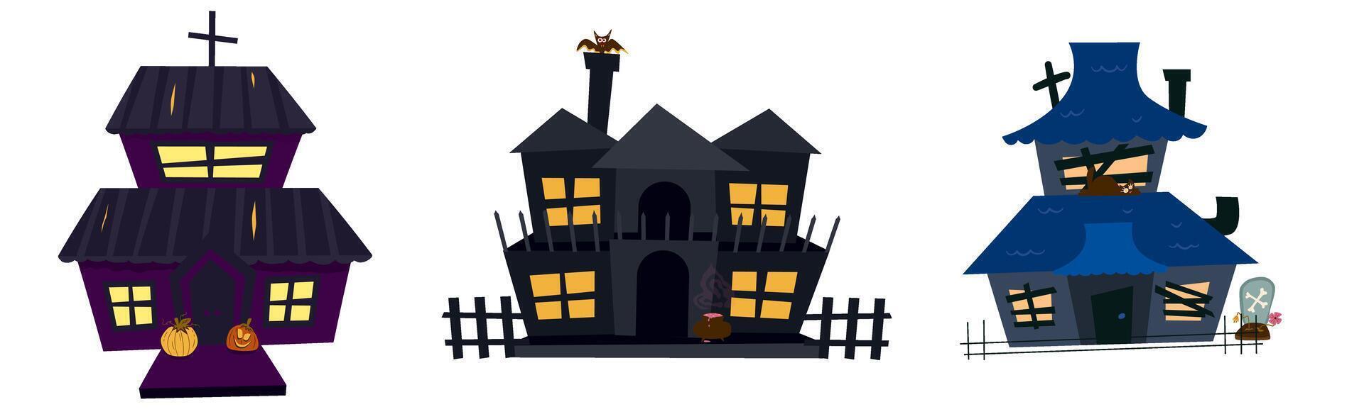 Siniestro obsesionado casa conjunto para Víspera de Todos los Santos. un de miedo castillo con ventanas y un techo. antiguo oscuro arruinado edificio para fantasmas plano ilustración vector