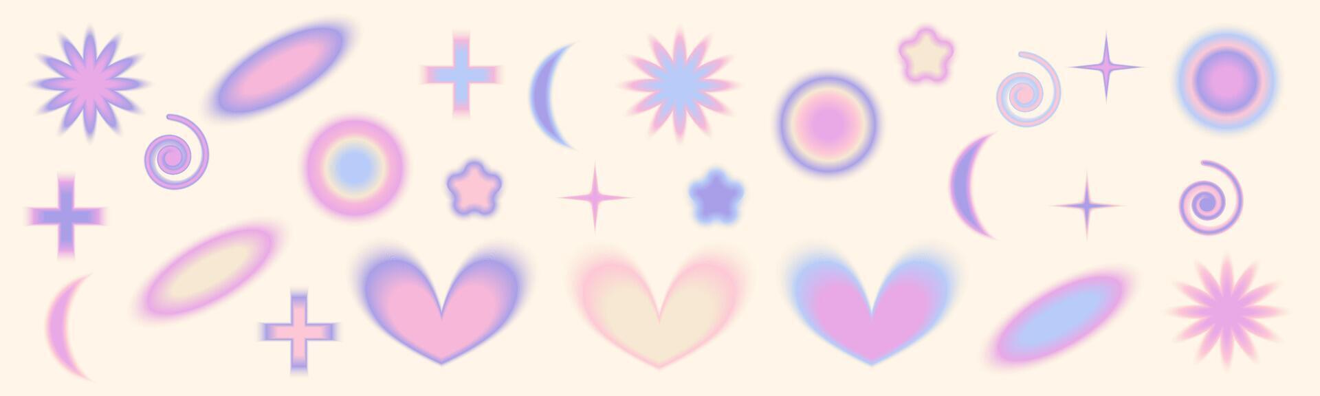 Gradient Y2k shape blur set. Flower, star, planet blurry aesthetic y2k. pastel form illustration. Aura gradient shape vector