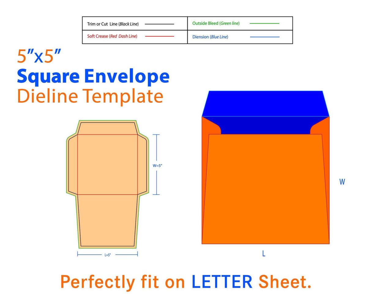 Square Envelope W 5, L 5 Inches Dieline Template vector