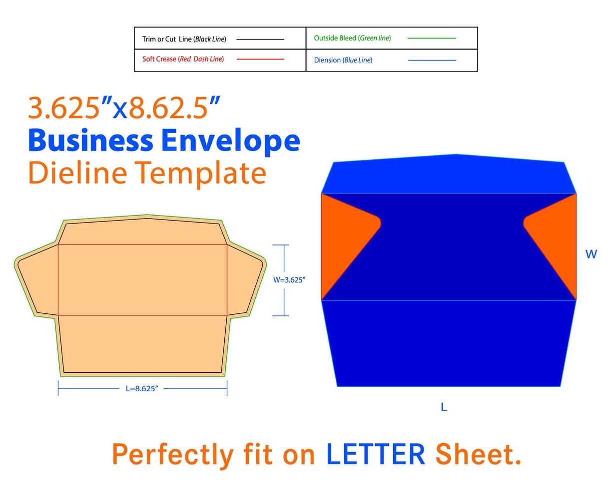 Business Envelope W 3.625, L 8.625 Inches Dieline vector