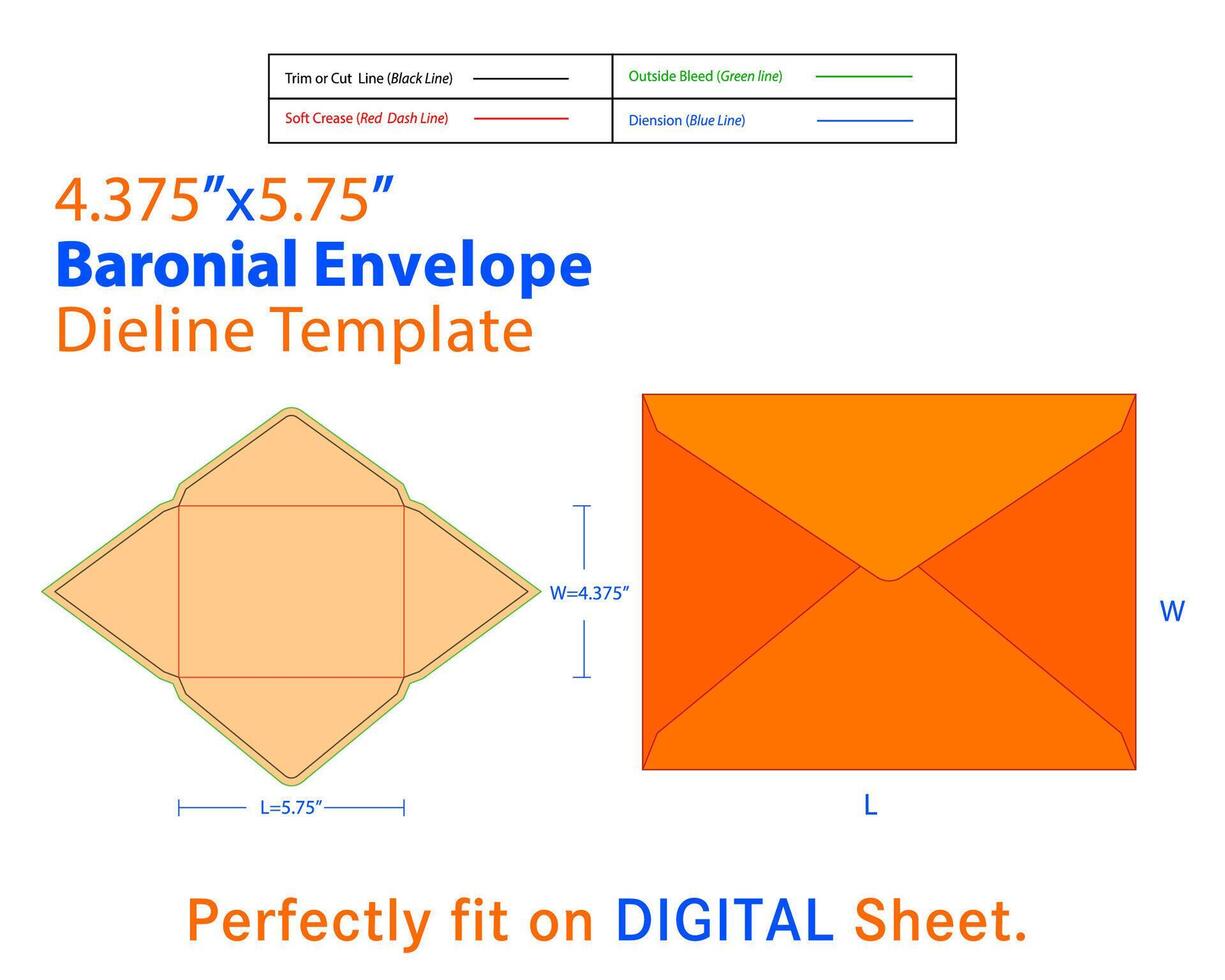Baronial Envelope W 4.375, L 5.75 Inches Dieline Template vector
